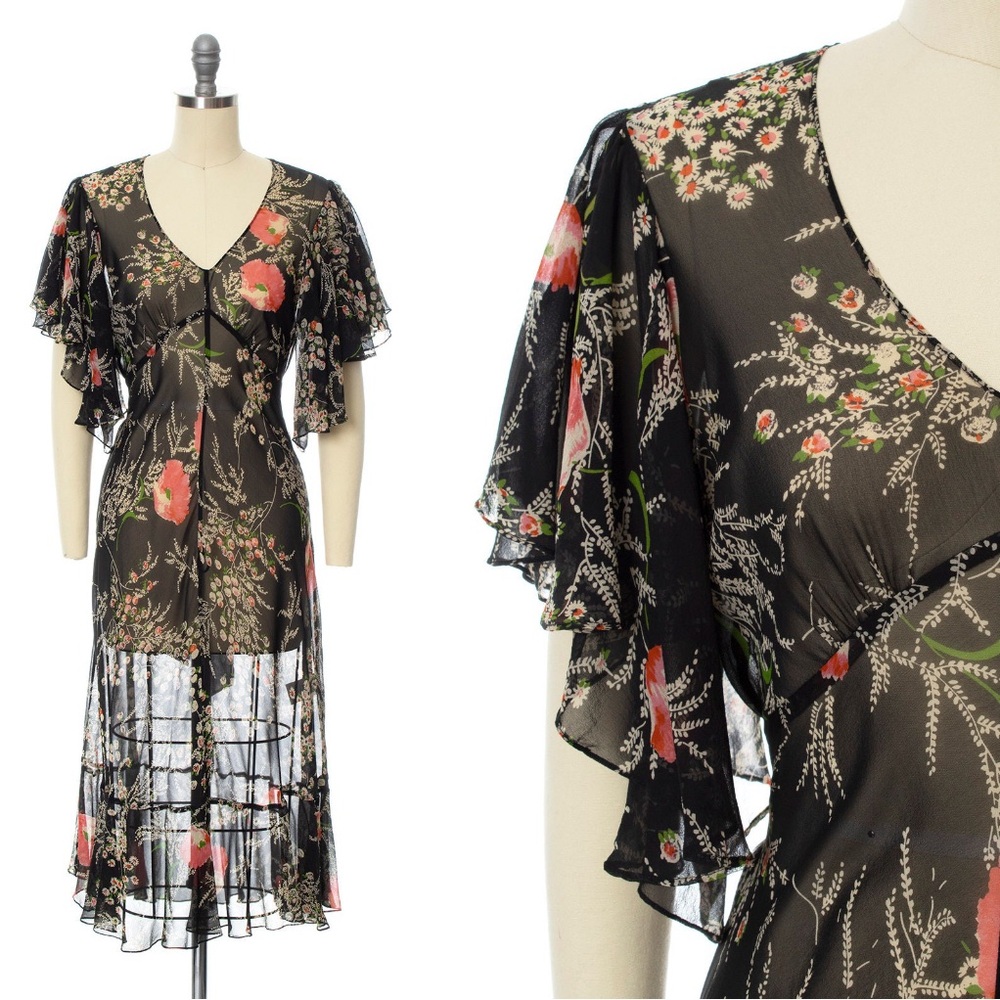 Anthropologie Black Floral Midi Dress